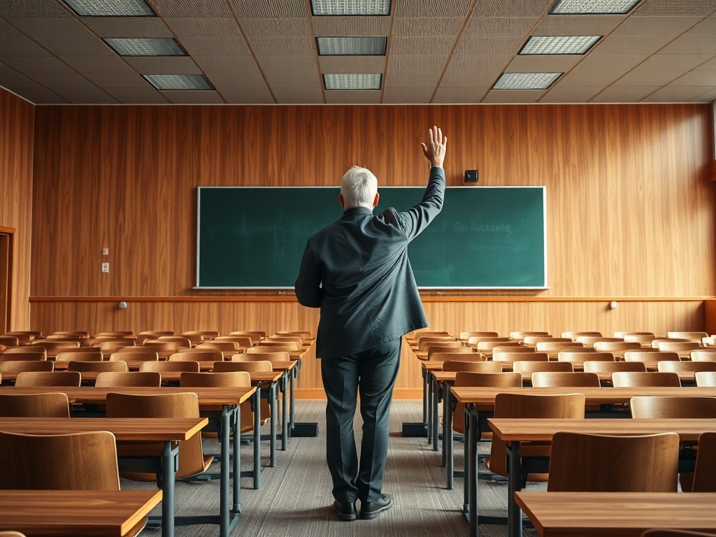 Un profesor solo frente a una pizarra, ilustración simple